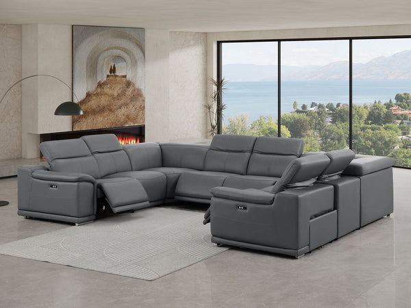 HomeRoots Battleship Gray Leather U-Shaped Sectional Sofa: Luxurious Eight-Piece Modular Comfort & Style 643956