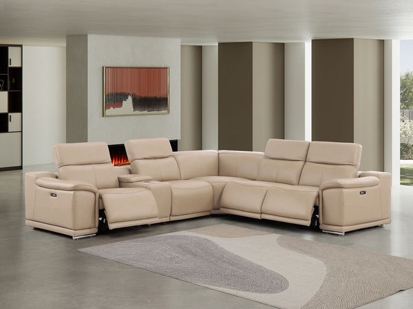HomeRoots Beige Leather Modular L-Shaped Six-Piece Sectional with Console for Ultimate Comfort & Style 643959