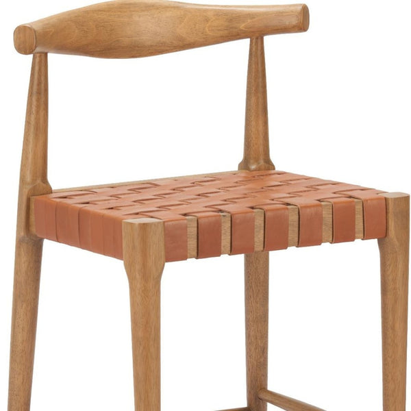 HomeRoots Set of Two 26" Tan Solid Wood Bar Chairs with Leather-Match Upholstery for Stylish Comfort 643968