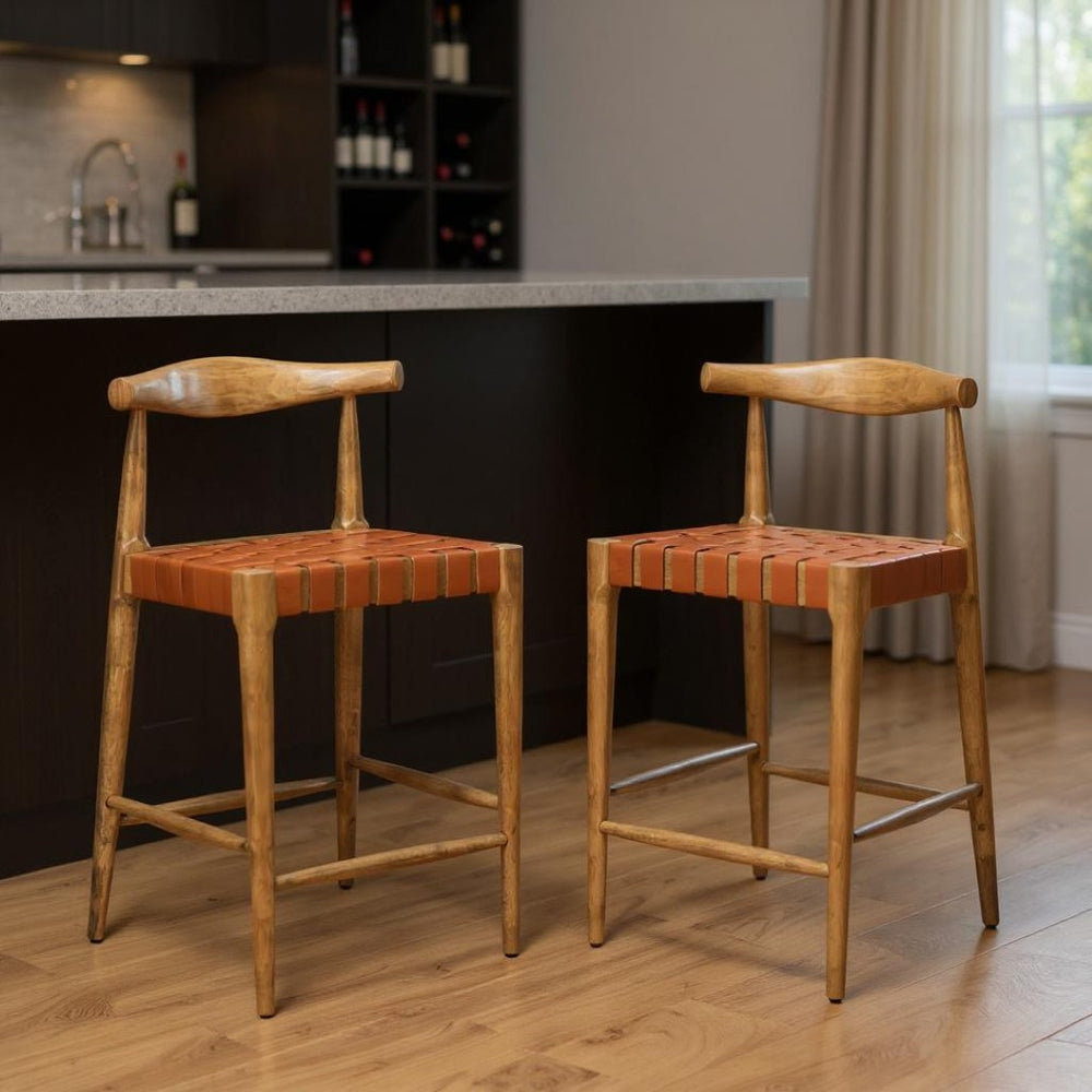 HomeRoots Set of Two 26" Tan Solid Wood Bar Chairs with Leather-Match Upholstery for Stylish Comfort 643968