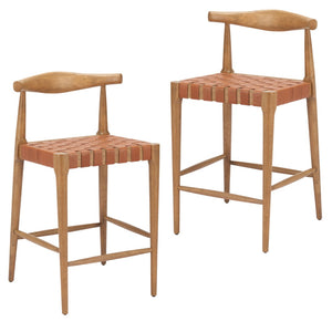 HomeRoots Set of Two 26" Tan Solid Wood Bar Chairs with Leather-Match Upholstery for Stylish Comfort 643968