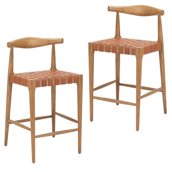 HomeRoots Set of Two 26" Tan Solid Wood Bar Chairs with Leather-Match Upholstery for Stylish Comfort 643968