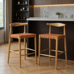 HomeRoots Set of Two 30" Tan Low Back Bar Chairs - Solid Wood Frame with Leather Match for Stylish Comfort 643969