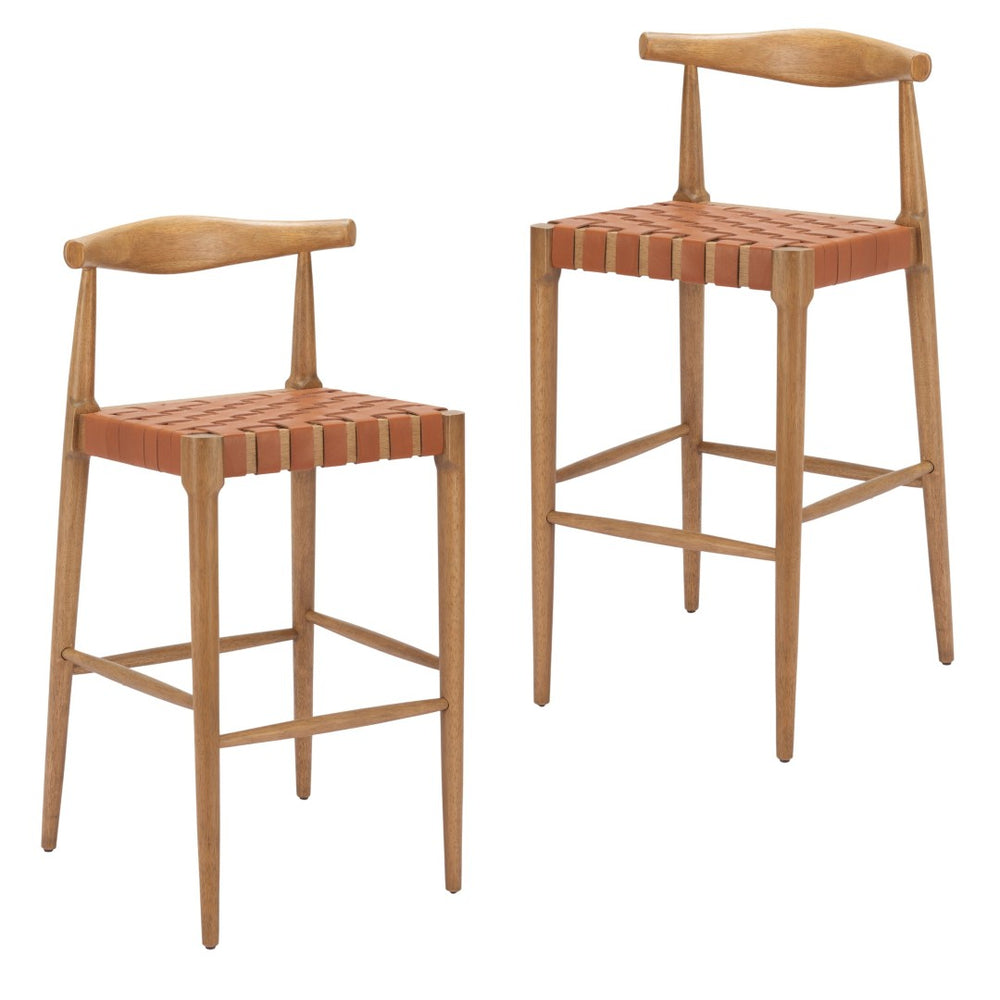 HomeRoots Set of Two 30" Tan Low Back Bar Chairs - Solid Wood Frame with Leather Match for Stylish Comfort 643969