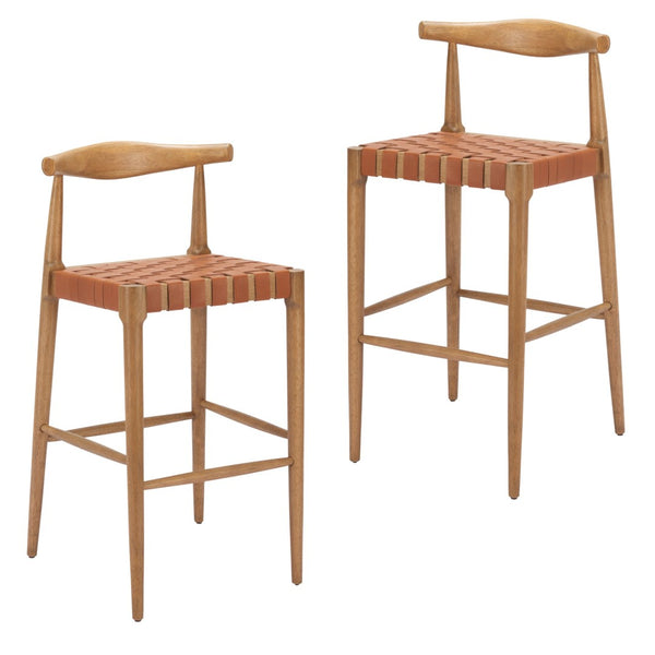 HomeRoots Set of Two 30" Tan Low Back Bar Chairs - Solid Wood Frame with Leather Match for Stylish Comfort 643969
