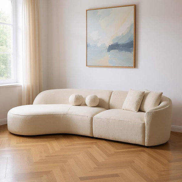 HomeRoots Ivory Boucle Modular Curved Sectional Sofa with Chaise & Toss Pillows for Modern Living Spaces 643971