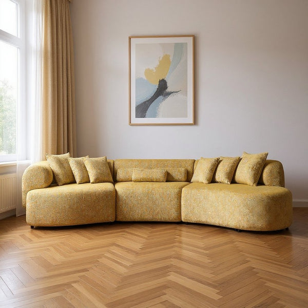 HomeRoots Mustard Boucle Modular Curved Sectional Sofa – 3-Piece Design with 9 Cozy Toss Pillows for Comfort 643974