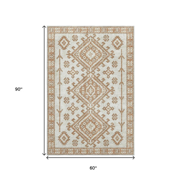HomeRoots 5' X 8' Modern Burnt Sienna and Beige Geometric Area Rug - Washable, UV-Protected, Pet-Friendly! 643977