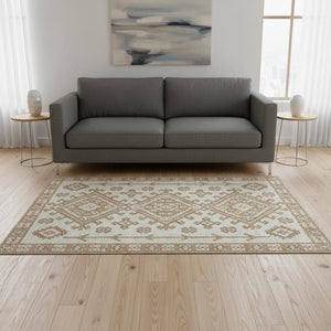 HomeRoots 5' X 8' Modern Burnt Sienna and Beige Geometric Area Rug - Washable, UV-Protected, Pet-Friendly! 643977