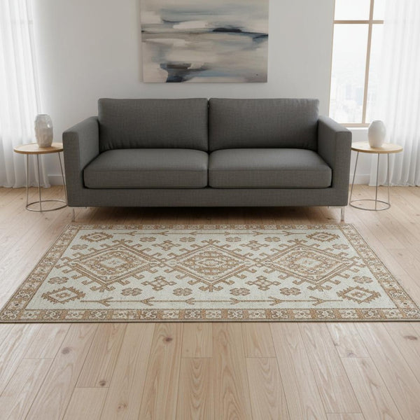 HomeRoots 5' X 8' Modern Burnt Sienna and Beige Geometric Area Rug - Washable, UV-Protected, Pet-Friendly! 643977
