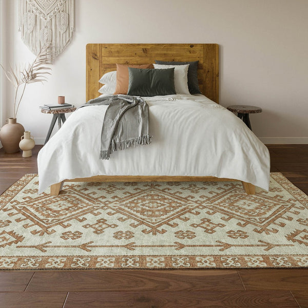 HomeRoots 5' X 8' Modern Burnt Sienna and Beige Geometric Area Rug - Washable, UV-Protected, Pet-Friendly! 643977