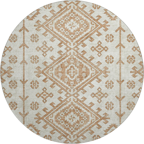 HomeRoots 8' Geometric Round Rug in Burnt Sienna & Beige - Washable, UV-Protected, Durable for High-Traffic Areas 643978