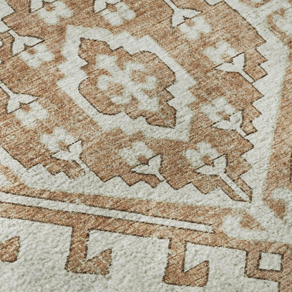 HomeRoots 8' Geometric Round Rug in Burnt Sienna & Beige - Washable, UV-Protected, Durable for High-Traffic Areas 643978
