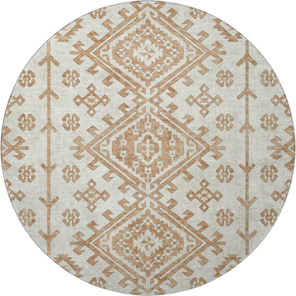 HomeRoots 8' Geometric Round Rug in Burnt Sienna & Beige - Washable, UV-Protected, Durable for High-Traffic Areas 643978