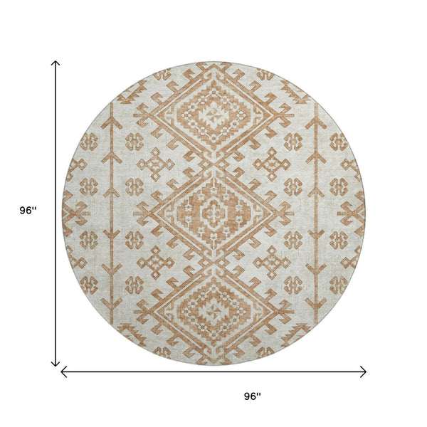 HomeRoots 8' Geometric Round Rug in Burnt Sienna & Beige - Washable, UV-Protected, Durable for High-Traffic Areas 643978