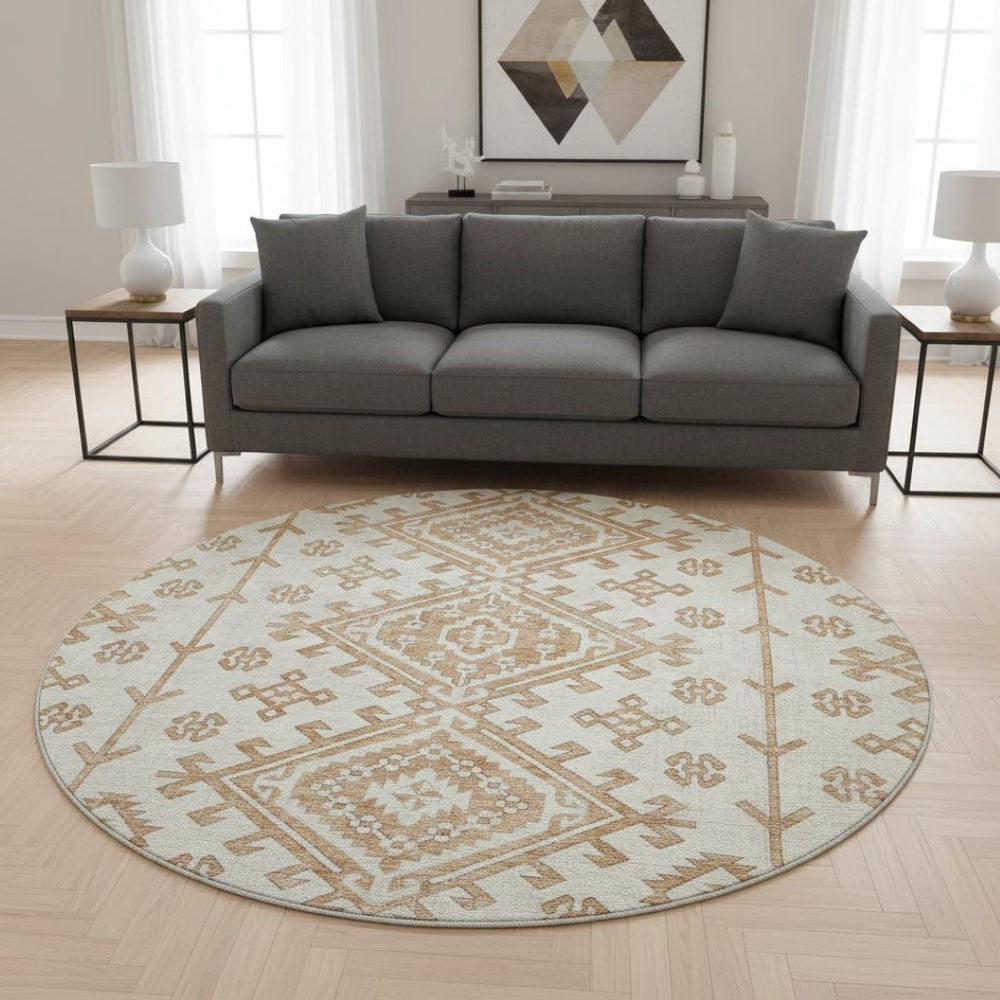 HomeRoots 8' Geometric Round Rug in Burnt Sienna & Beige - Washable, UV-Protected, Durable for High-Traffic Areas 643978