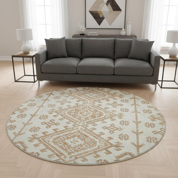 HomeRoots 8' Geometric Round Rug in Burnt Sienna & Beige - Washable, UV-Protected, Durable for High-Traffic Areas 643978