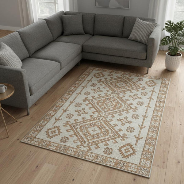 HomeRoots 8' X 10' Geometric Area Rug in Burnt Sienna & Beige – Washable, Stain Resistant, UV Protected Design 643979