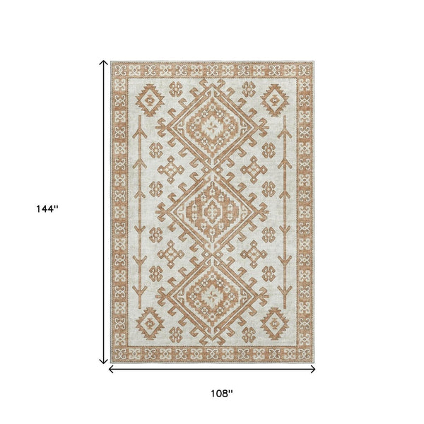 HomeRoots 9' X 12' Stylish Burnt Sienna & Beige Geometric Area Rug - Washable, UV Protected, Durable Design 643980