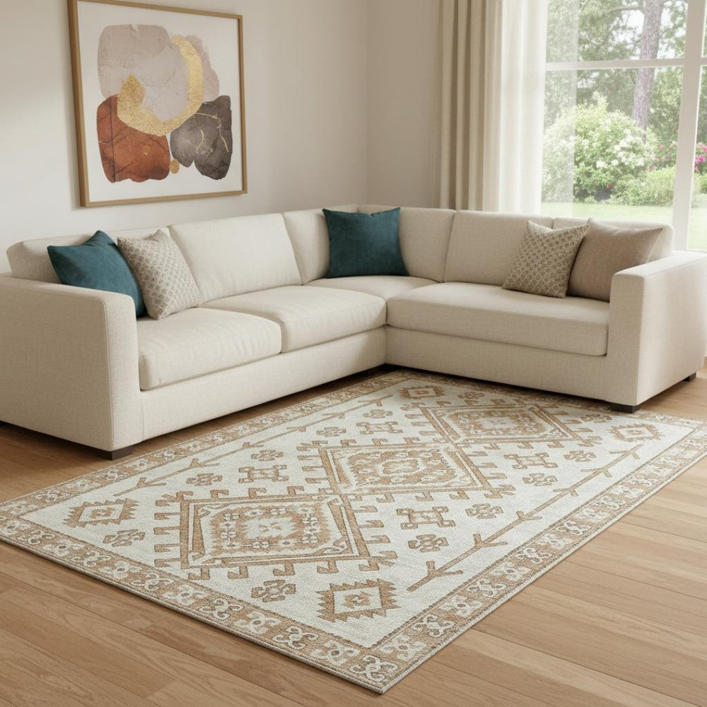 HomeRoots 9' X 12' Stylish Burnt Sienna & Beige Geometric Area Rug - Washable, UV Protected, Durable Design 643980