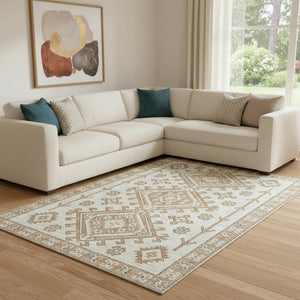 HomeRoots 9' X 12' Stylish Burnt Sienna & Beige Geometric Area Rug - Washable, UV Protected, Durable Design 643980