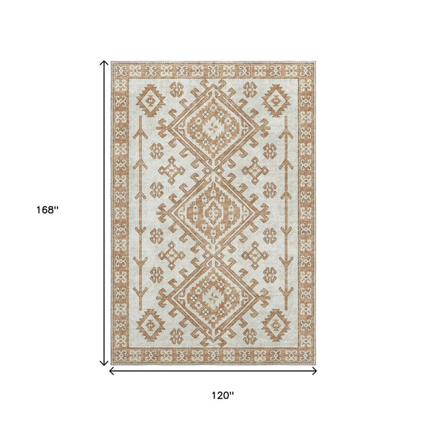 HomeRoots 10' X 14' Stylish Burnt Sienna Beige Geometric Area Rug - Washable, UV Protected & Pet Friendly! 643981