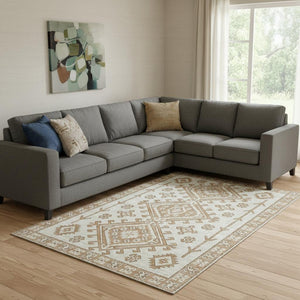 HomeRoots 10' X 14' Stylish Burnt Sienna Beige Geometric Area Rug - Washable, UV Protected & Pet Friendly! 643981