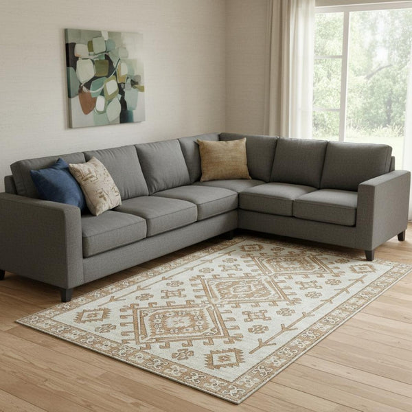 HomeRoots 10' X 14' Stylish Burnt Sienna Beige Geometric Area Rug - Washable, UV Protected & Pet Friendly! 643981