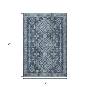 HomeRoots 5' X 8' Geometric Blue Area Rug - Washable, UV-Protected, Stain-Resistant for Modern Home Décor 643983