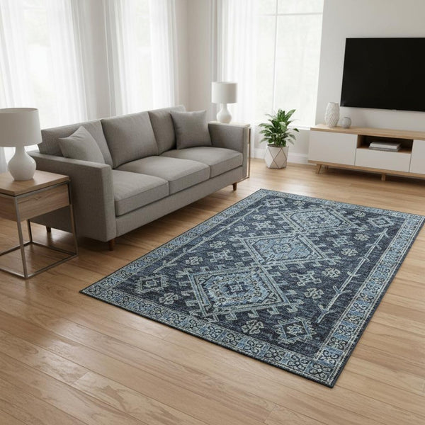 HomeRoots 5' X 8' Geometric Blue Area Rug - Washable, UV-Protected, Stain-Resistant for Modern Home Décor 643983