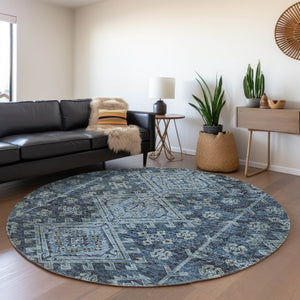 HomeRoots 8' Blue Geometric Washable Round Rug with UV Protection - Perfect for Homes with Kids & Pets! 643984