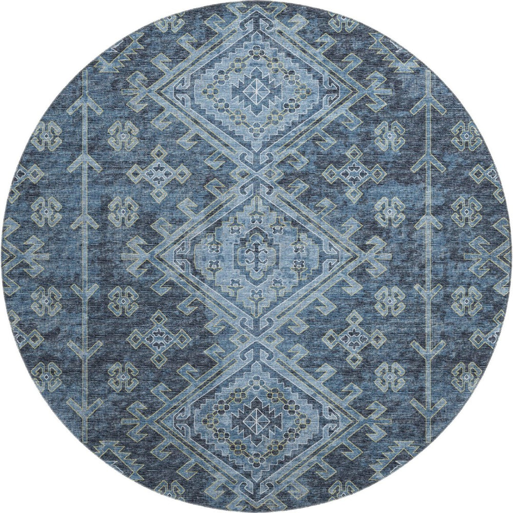 HomeRoots 8' Blue Geometric Washable Round Rug with UV Protection - Perfect for Homes with Kids & Pets! 643984