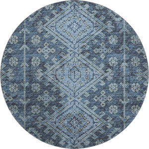 HomeRoots 8' Blue Geometric Washable Round Rug with UV Protection - Perfect for Homes with Kids & Pets! 643984