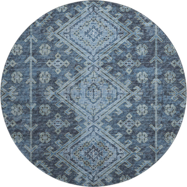 HomeRoots 8' Blue Geometric Washable Round Rug with UV Protection - Perfect for Homes with Kids & Pets! 643984