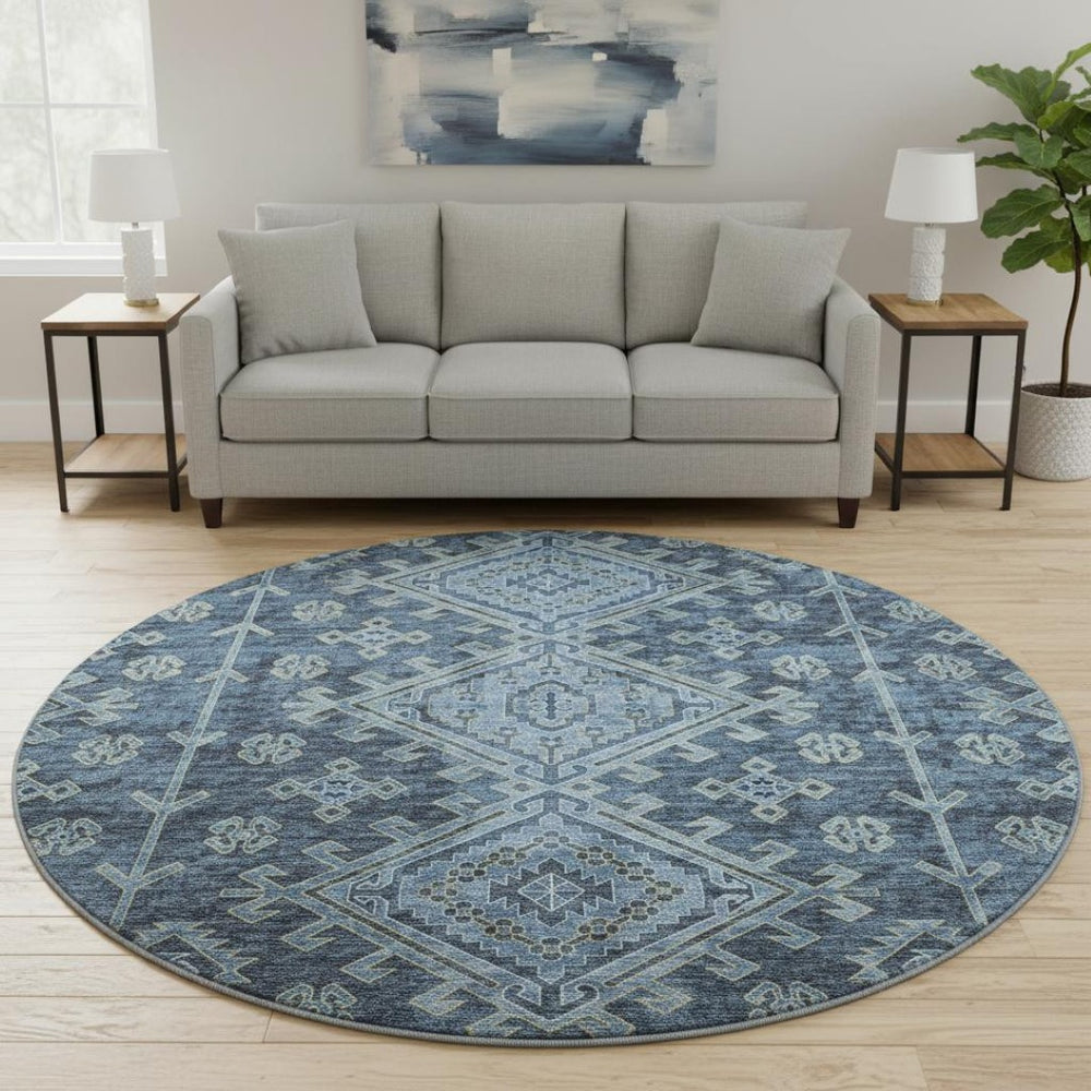 HomeRoots 8' Blue Geometric Washable Round Rug with UV Protection - Perfect for Homes with Kids & Pets! 643984