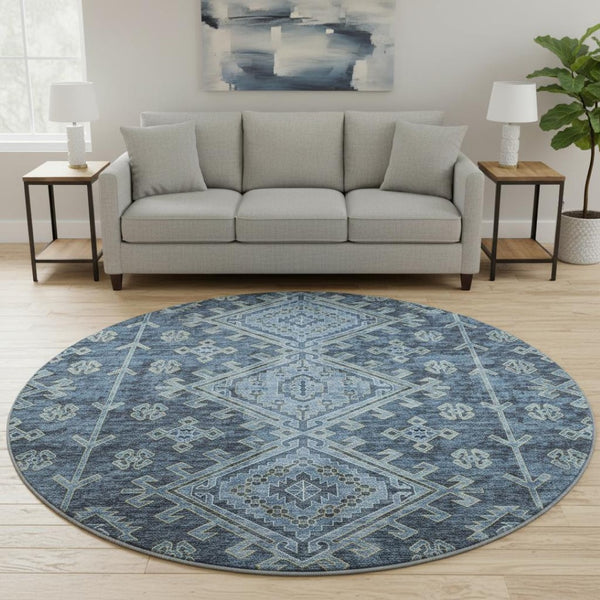 HomeRoots 8' Blue Geometric Washable Round Rug with UV Protection - Perfect for Homes with Kids & Pets! 643984