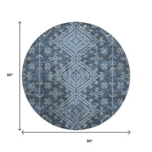 HomeRoots 8' Blue Geometric Washable Round Rug with UV Protection - Perfect for Homes with Kids & Pets! 643984