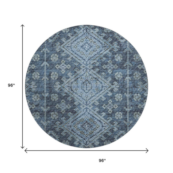 HomeRoots 8' Blue Geometric Washable Round Rug with UV Protection - Perfect for Homes with Kids & Pets! 643984