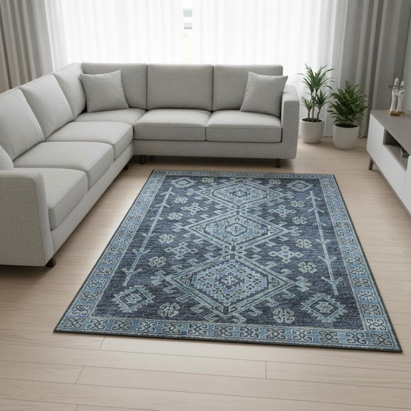 HomeRoots 8' X 10' Stylish Two-Tone Blue Geometric Area Rug - Washable, UV-Protected, Stain-Resistant Design 643985