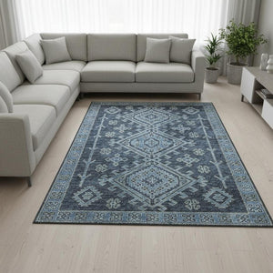 HomeRoots 9' X 12' Blue & Sky Blue Geometric Area Rug - Washable, UV-Protected, Stain-Resistant & Soft! 643986