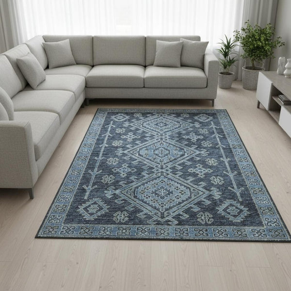 HomeRoots 9' X 12' Blue & Sky Blue Geometric Area Rug - Washable, UV-Protected, Stain-Resistant & Soft! 643986