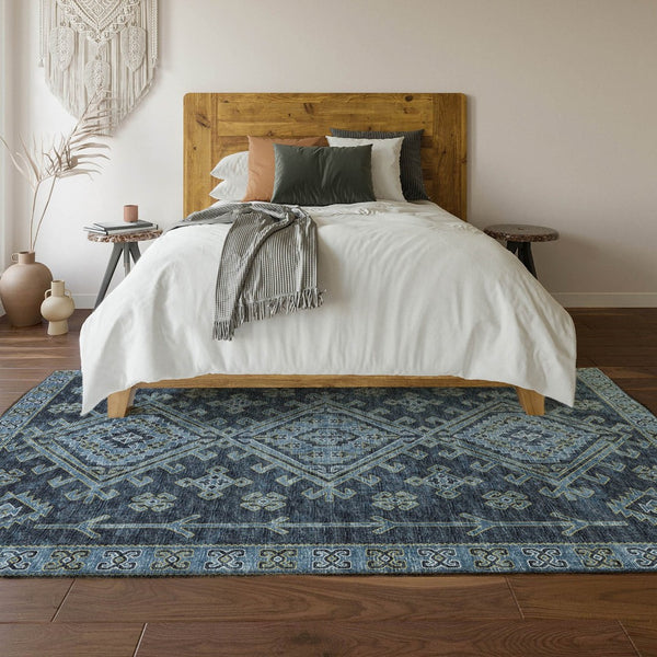 HomeRoots 9' X 12' Blue & Sky Blue Geometric Area Rug - Washable, UV-Protected, Stain-Resistant & Soft! 643986
