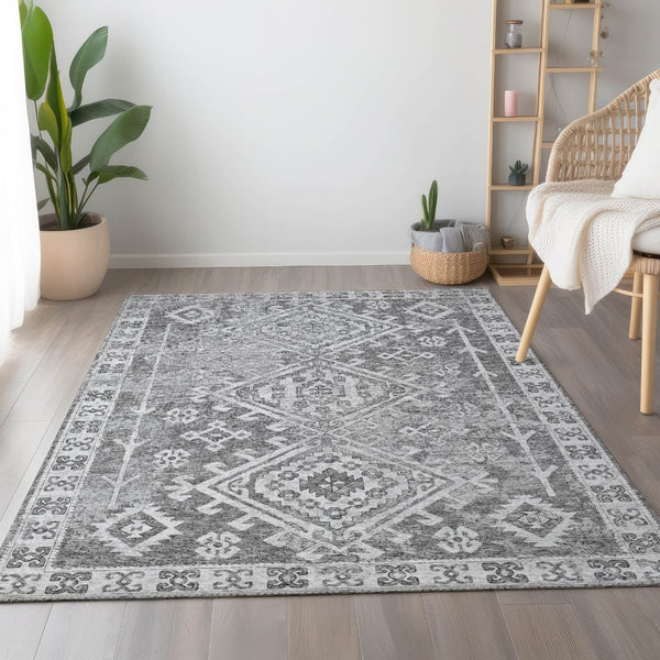 HomeRoots 5' X 8' Ash Gray & Ivory Geometric Washable Area Rug – Durable, UV-Protected, Modern Design for Homes 643989