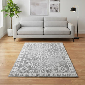 HomeRoots 5' X 8' Ash Gray & Ivory Geometric Washable Area Rug – Durable, UV-Protected, Modern Design for Homes 643989