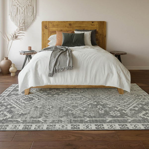 HomeRoots 5' X 8' Ash Gray & Ivory Geometric Washable Area Rug – Durable, UV-Protected, Modern Design for Homes 643989
