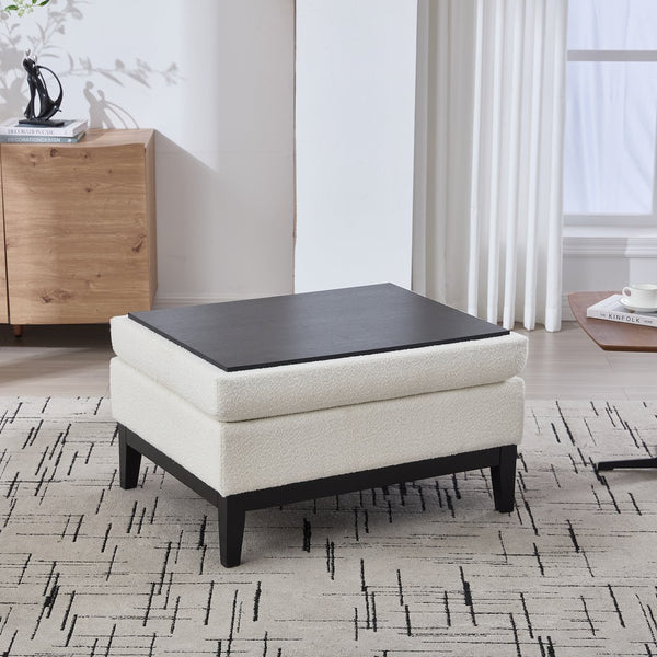 English Elm 33.86"W Upholstered Storage Ottoman - Stylish Ivory Boucle Coffee Table With Reversible Lid & Rubberwood Legs W3118P283465