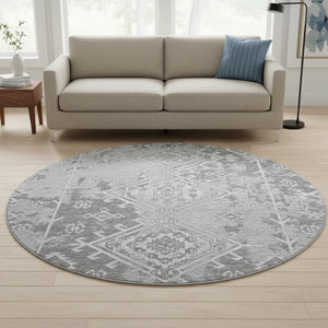 HomeRoots 8' Ash Gray and Ivory Geometric Washable Round Rug - Durable, UV-Protected, Perfect for Any Space! 643990