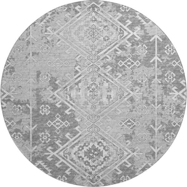 HomeRoots 8' Ash Gray and Ivory Geometric Washable Round Rug - Durable, UV-Protected, Perfect for Any Space! 643990