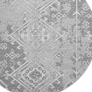 HomeRoots 8' Ash Gray and Ivory Geometric Washable Round Rug - Durable, UV-Protected, Perfect for Any Space! 643990