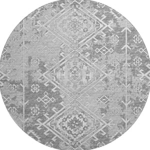 HomeRoots 8' Ash Gray and Ivory Geometric Washable Round Rug - Durable, UV-Protected, Perfect for Any Space! 643990